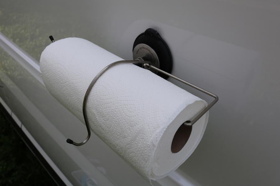 Seitliche Ansicht Sezialsaugnapf mit Küchenrollenhalter und Papierbremse